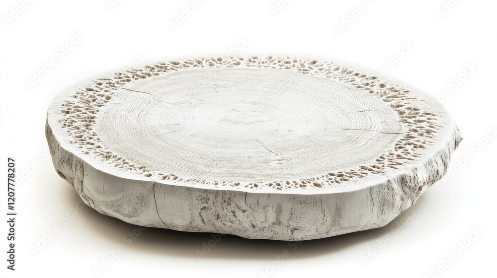 Poster round wooden platter with intricate edge design on a white background showcasing natural textures an