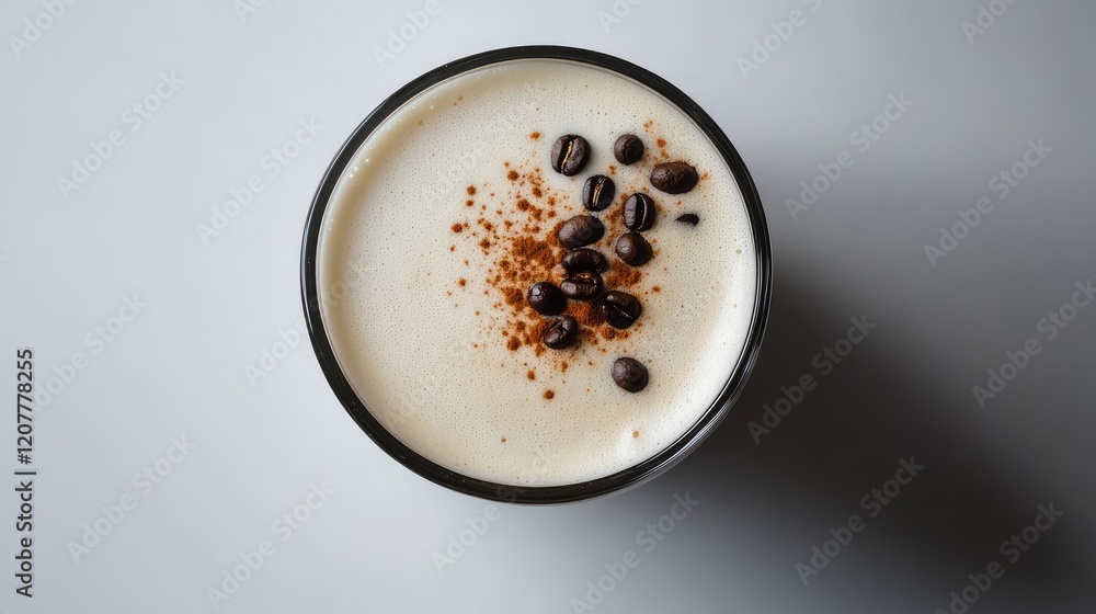 Poster coffee beverage with frothy milk topped with coffee beans and cocoa powder on a plain background wit