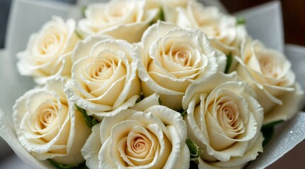 Obraz premium Macro View of a Stunning White Roses Bouquet Adorned with Dew Drops, Filled Screen