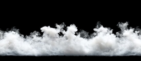 Dense white smoke cloud isolated on black background with copy space for text. Natural fog or vapor effect for creative design use.