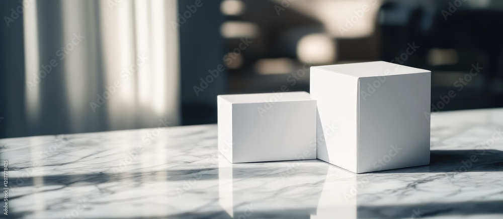 Aufkleber white geometric shapes on a marble surface with natural light and shadows creating a minimalistic co
