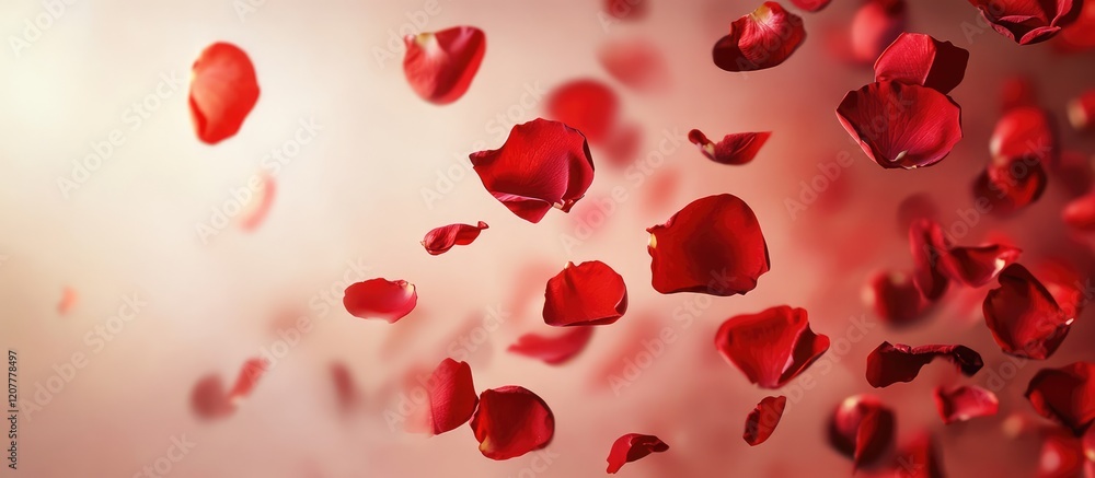 Poster Red rose petals falling against a soft blurred background with warm tones and ample copy space for text insertion