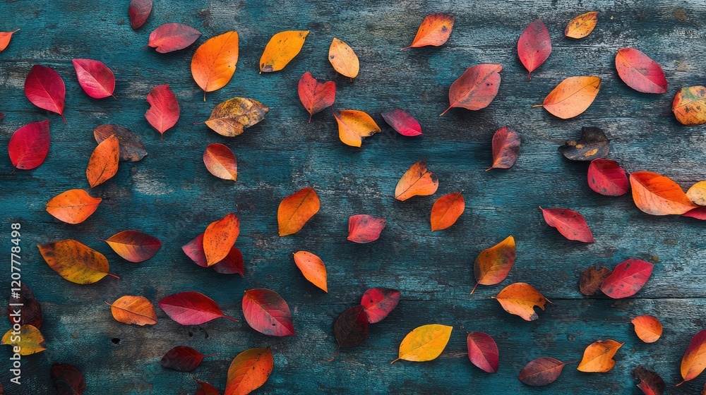 Poster Colorful autumn leaves scattered on a rustic wooden background with ample copy space for text placement.