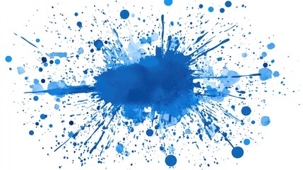 Blue paint splash with splatters and droplets on white background ideal for creative projects with copy space available.