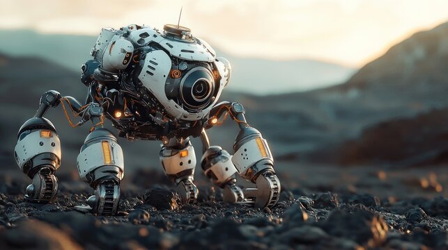 Futuristic Robot Explorer on Alien Planet
