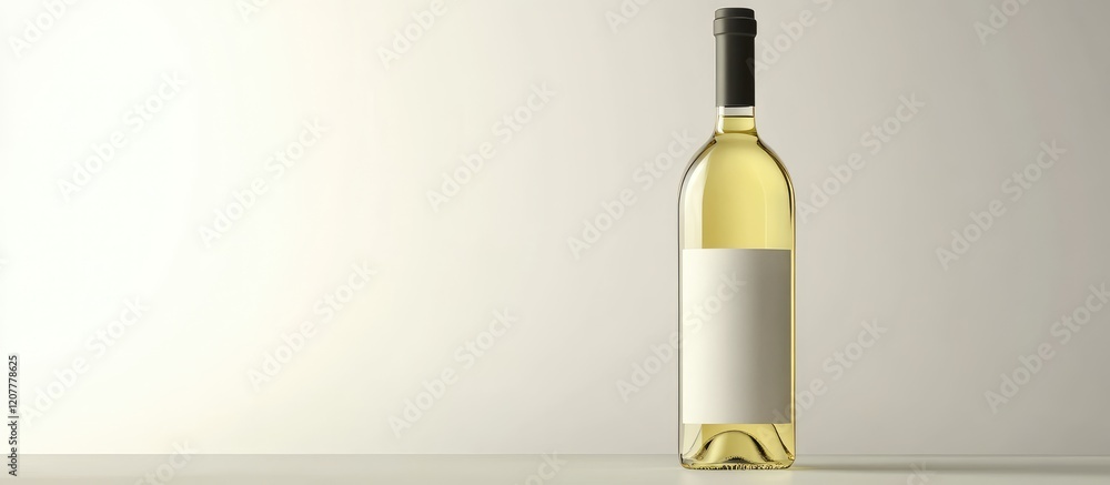 Poster white wine bottle with blank label positioned on a light background showcasing copy space for text p