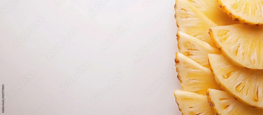 Poster freshly sliced yellow pineapple segments on bright white background with empty space for text and br