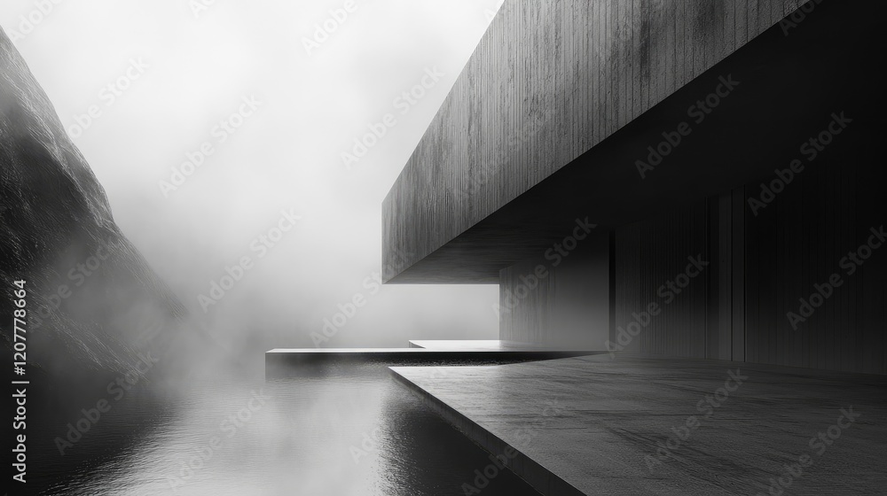Poster modern architecture in a foggy landscape highlighting simplicity and sophistication with a dramatic 