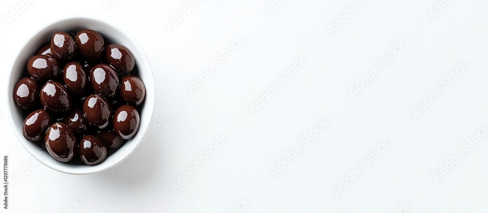Poster bowl of freshly pitted dark olives on clean white background with generous empty space for text in b