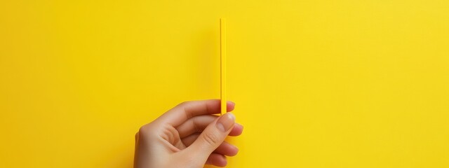 Hand gripped around a slender yellow stick positioned centrally on a vibrant yellow background with ample negative space for text display.