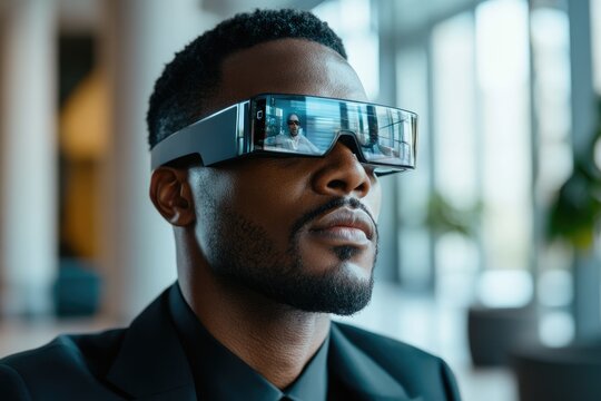 A Black man wearing futuristic smart glasses, experiencing augmented reality in a modern office setting.