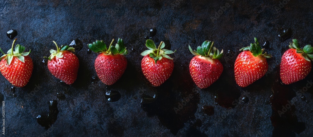 Poster macro photography of ripe red strawberries arranged on dark slate background with empty space for te