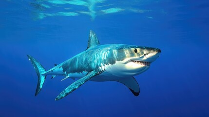 Fototapeta premium Great white shark gliding gracefully through crystal clear ocean waters showcasing its powerful form and vibrant marine environment