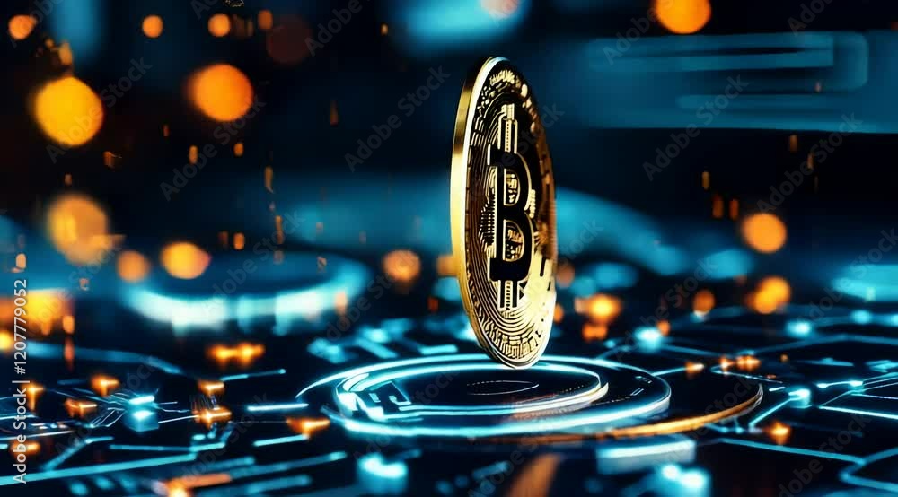 Poster golden cryptocurrency coin rotating on futuristic circuit board animation