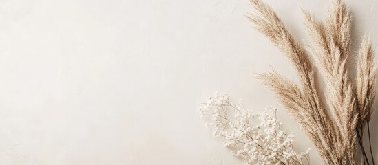 Dry pampas grass and white dried flowers on beige background with copy space for text.