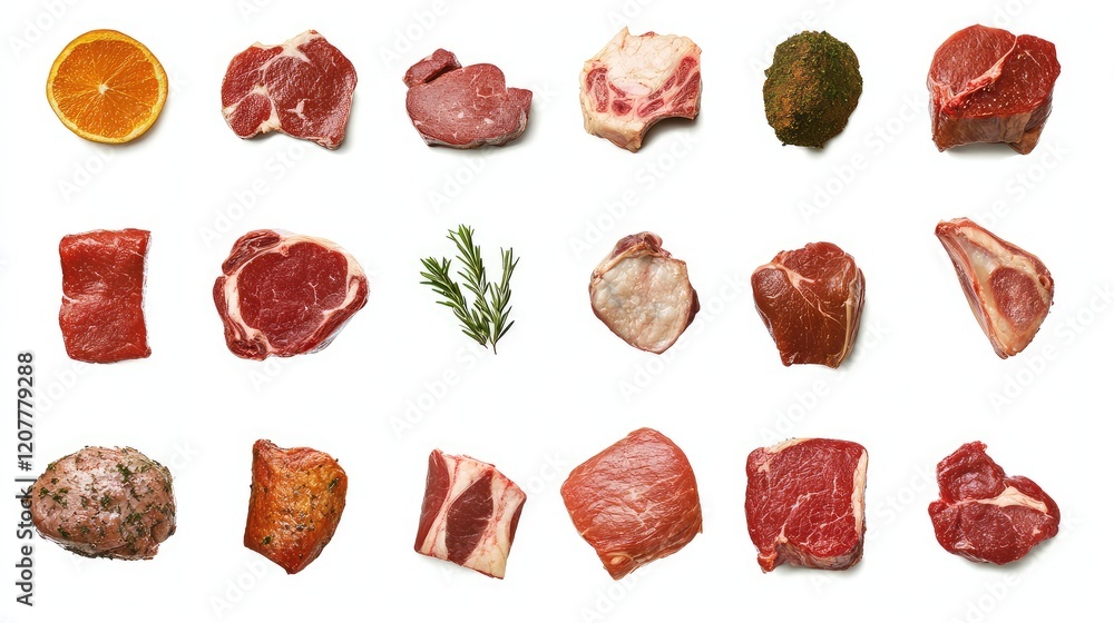 Poster Collection of various raw meat cuts and an orange slice arranged on a white background with Copy Space for text placement