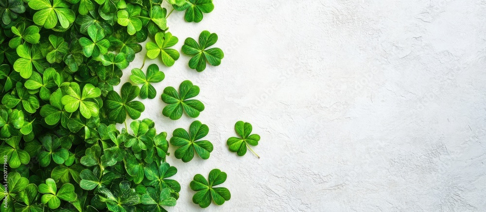 Poster vibrant green clover shamrock leaves arranged artistically on a light textured background symbolizin