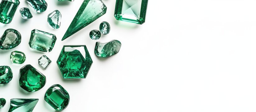 Assorted green gemstones including emeralds and tourmalines of various shapes and cuts arranged on a white background with space for text.