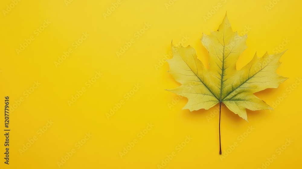 Aufkleber yellow background with a single greenish-yellow maple leaf, ample copy space for text placement.