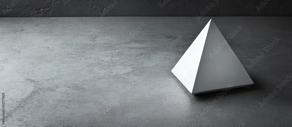 Poster minimalist white pyramid on a textured gray surface with soft lighting and copy space for text place