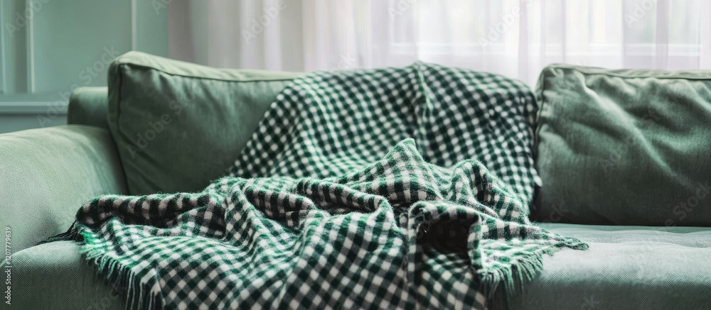 Poster cozy green checkered blanket draped over soft grey sofa with natural light filtering through sheer c