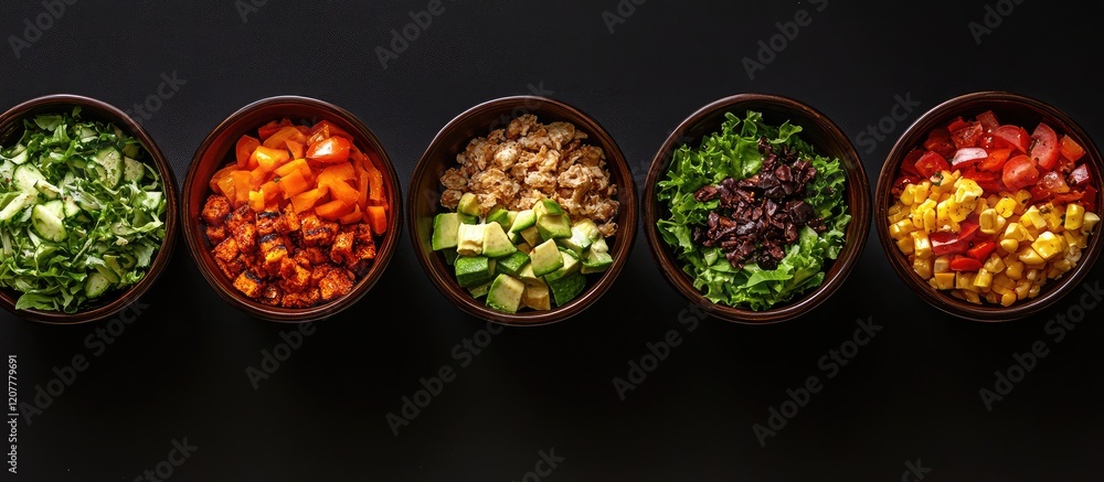 Aufkleber colorful vegan salad bowls with fresh toppings on dark surface with empty space for text ideal for h