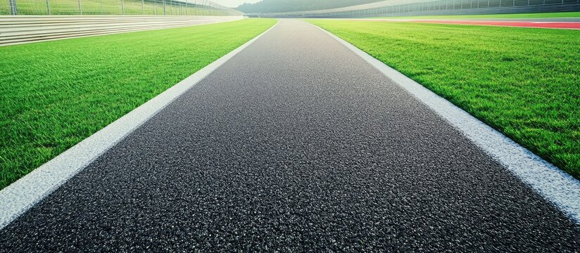Asphalt racetrack bordered by lush green grass, viewed from a low angle, with ample empty space for text.