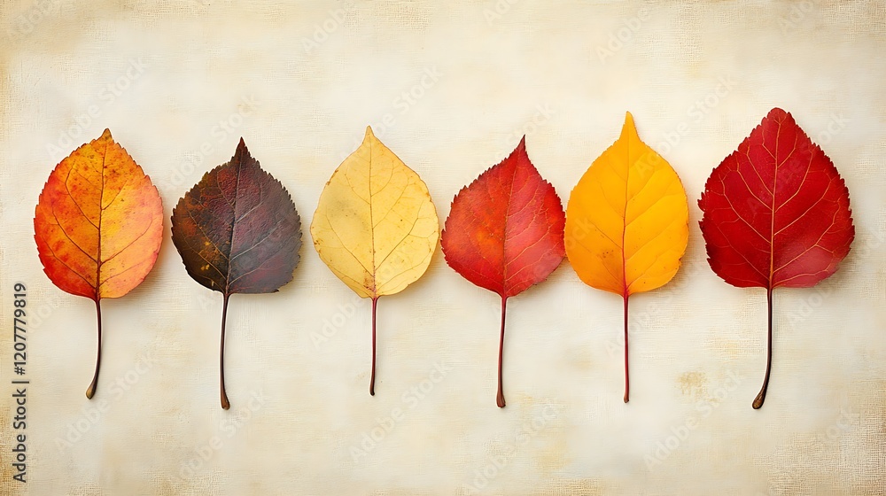 Canvas Prints Six autumn leaves in vibrant fall colors arranged in a row on textured beige background.