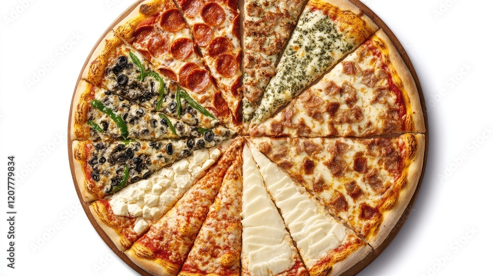 Poster assorted pizza slices on a wooden pizza board showcasing various toppings with copy space for text.