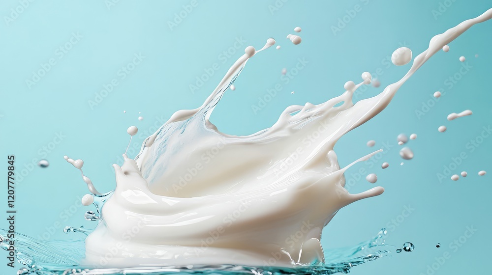 Poster milk splash over water with blue background demonstrating fluid dynamics and motion copy space