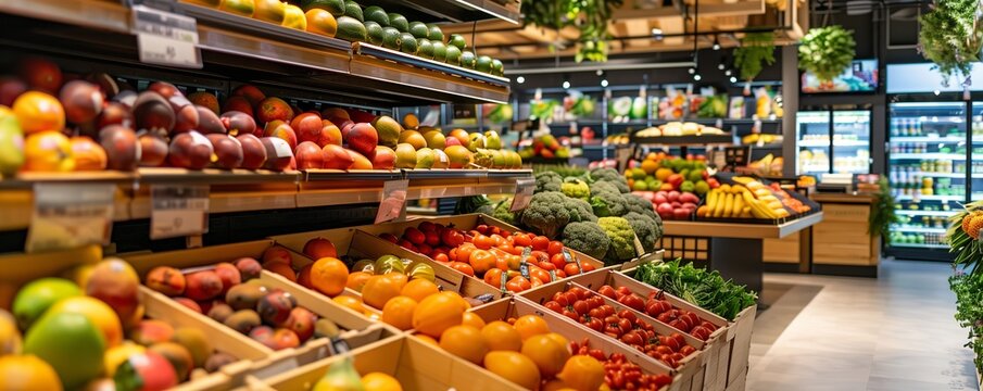 A supermarket with lots of fresh and healthy fruits and vegetables on shelves