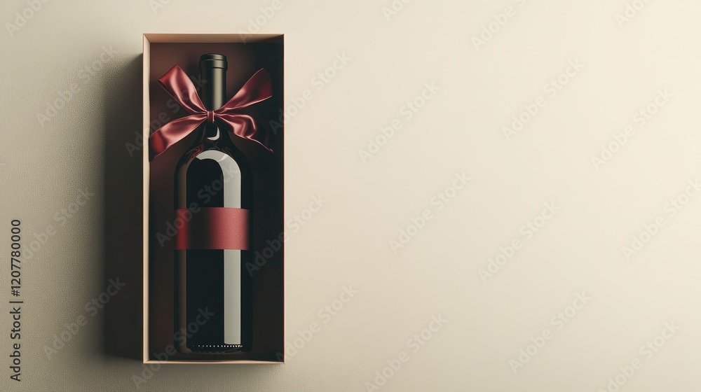 Poster wine bottle in a gift box with a ribbon placed on a neutral background and ample copy space for text