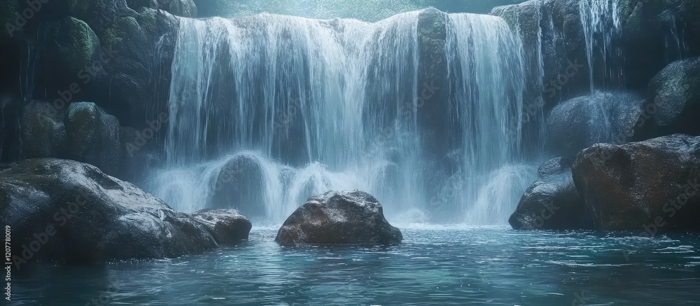 Poster waterfall cascading over rocks in a tranquil stream surrounded by lush greenery copy space