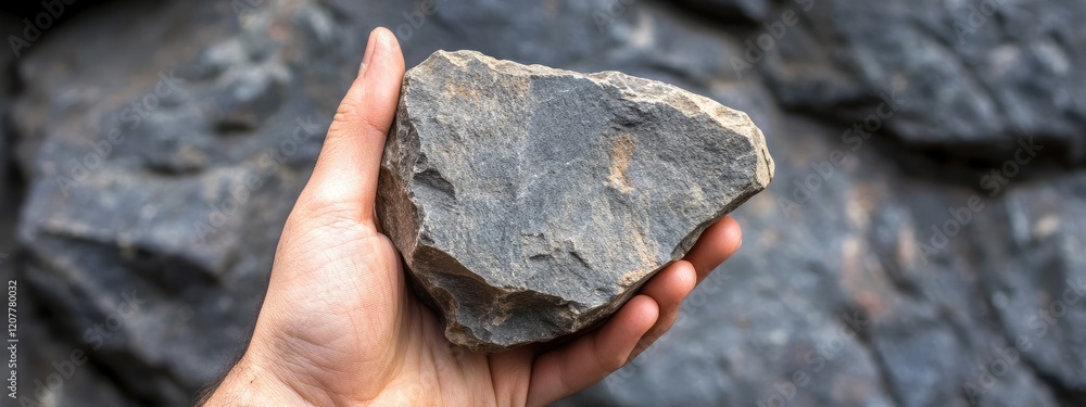 Poster hand presenting a rough gray stone against a blurred rocky background with empty space for custom te