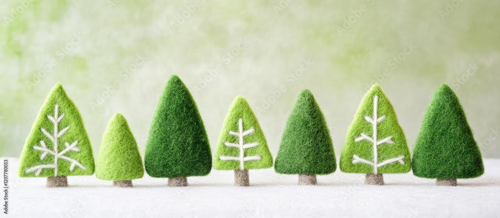 Poster felt green trees with white outlines arranged on light textured background for copy space in horizon