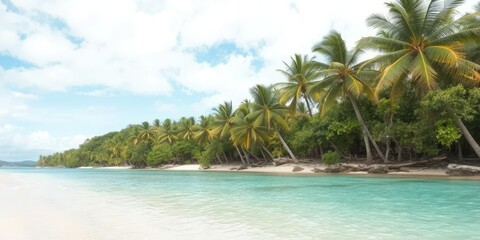 Beautiful sandy beach with crystal clear turquoise water and lush green palm trees, vacation, paradise