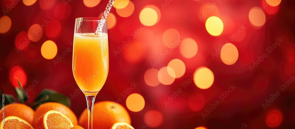 Poster elegant freshly squeezed orange juice in champagne glass with straw surrounded by juicy oranges on v