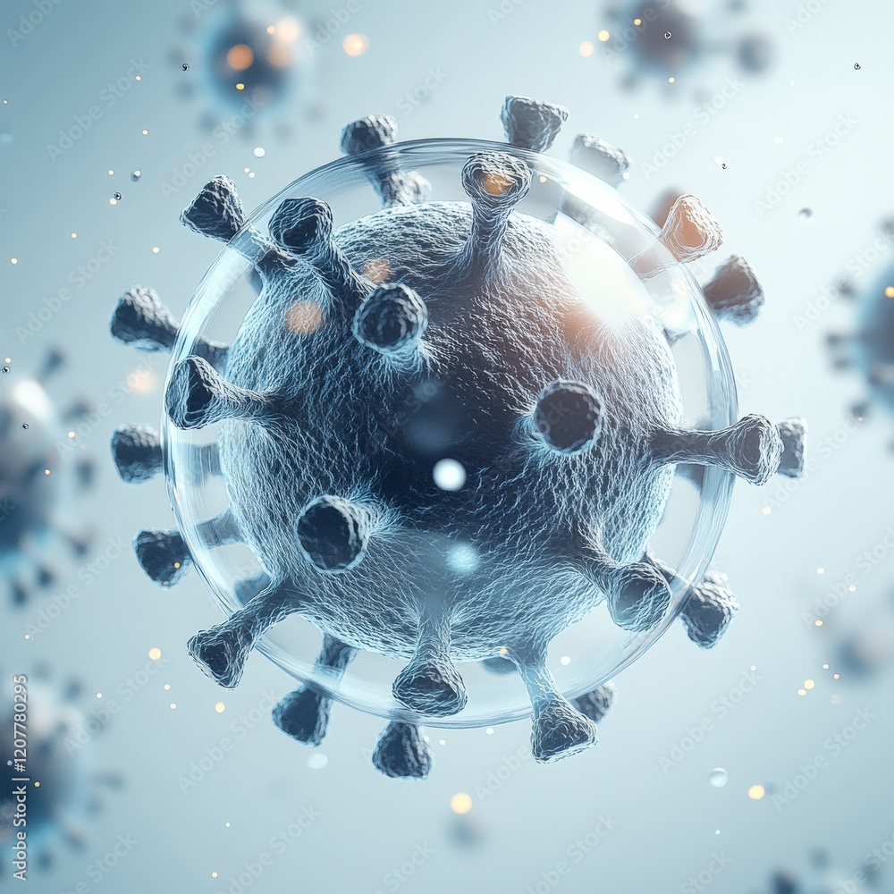 Poster microscopic 3d visualization of a virus particle with intricate surface details, surrounded by glowi