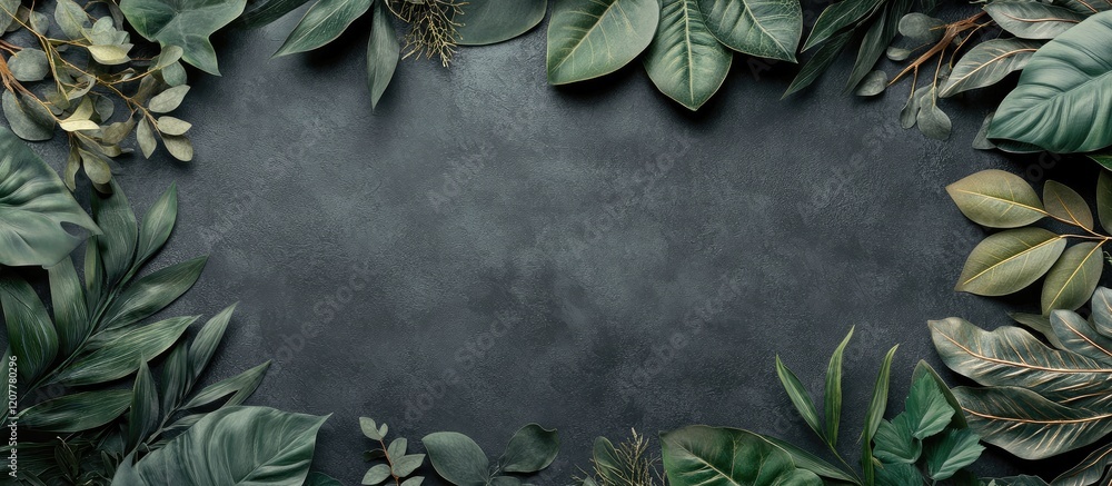 Aufkleber green foliage frame with dark concrete background and copy space for text or graphics