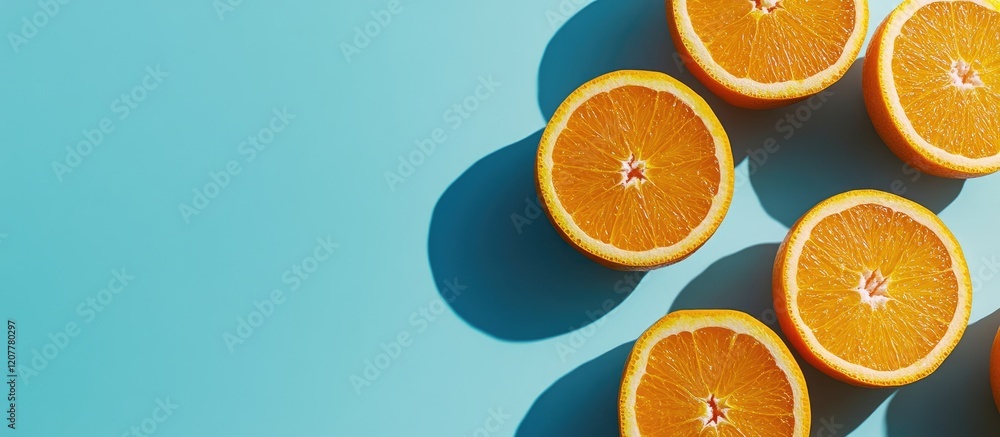 Poster freshly squeezed orange juice with halved oranges on light blue background with empty copy space and
