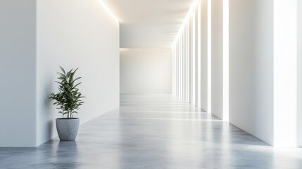 Obraz premium White open space office corridor with a clean, minimalistic design and a mock-up wall for flexible branding or decoration.