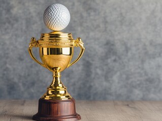 Golden trophy with a golf ball on top, symbolizing achievement and success in sports, set on a wooden surface.