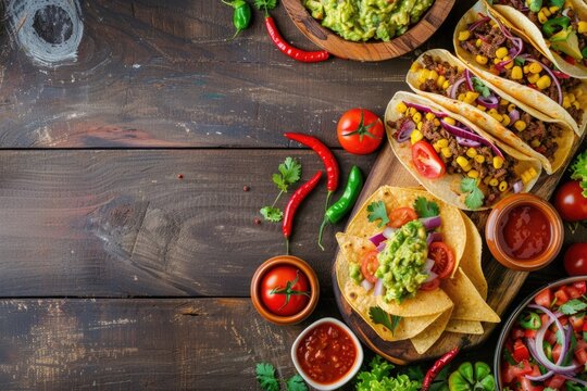 Assorted Tex Mex party food on wooden table.