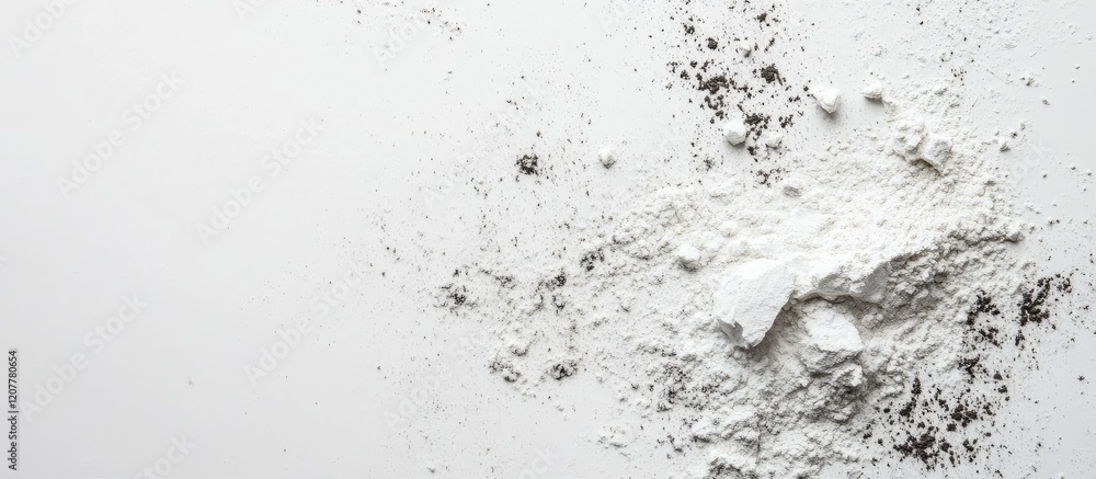 Poster white powder scattered on a light background with fine gray particles and ample copy space for text 