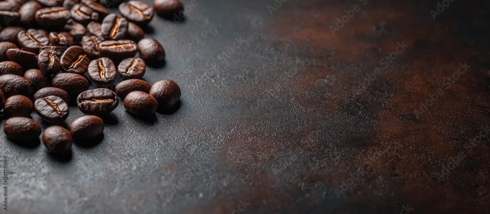 Poster rich dark brown freshly roasted coffee beans glinting with natural oils on rustic textured backgroun