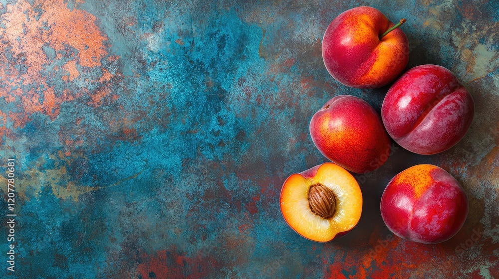 Poster fresh peaches and nectarines arranged on a textured blue and rust background with copy space for tex