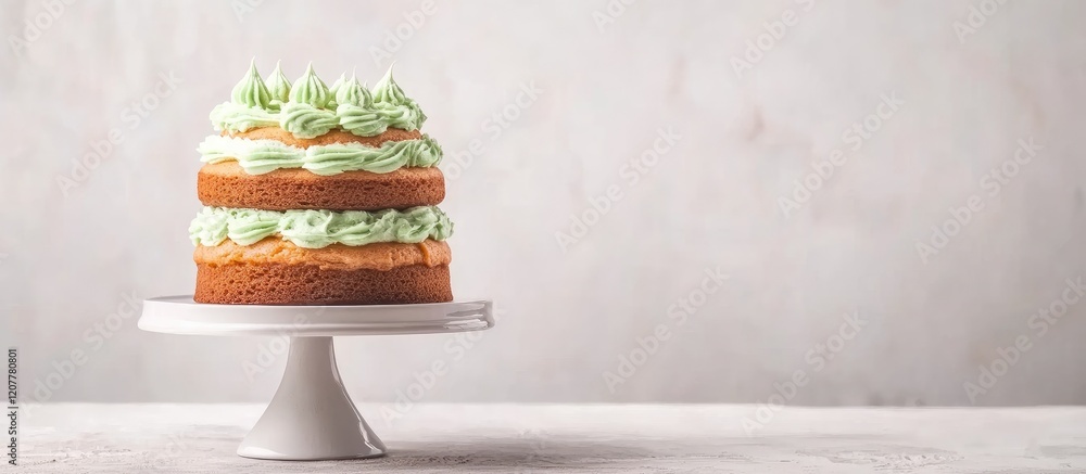 Poster three-layer cake with mint green frosting on a white cake stand against a neutral background with co