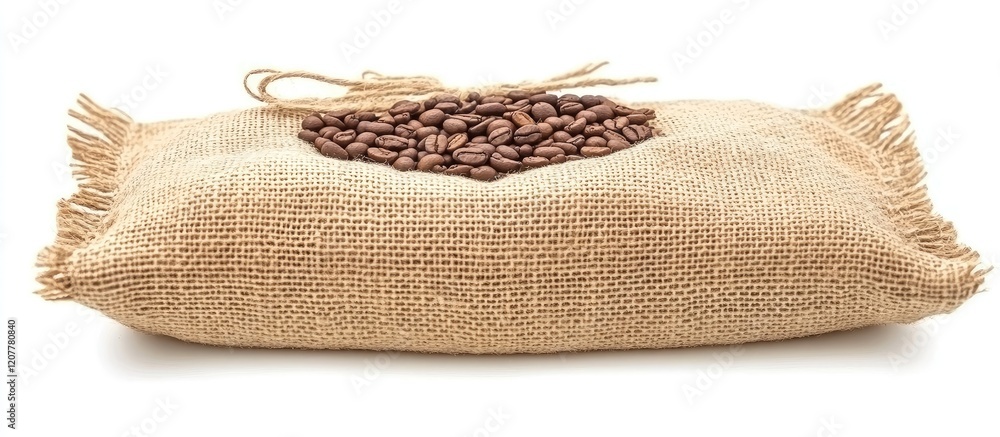 Poster freshly roasted whole coffee beans in a textured natural burlap sack on a white background with gene