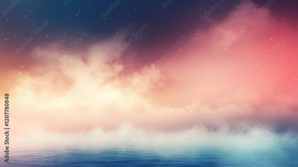 Poster abstract ocean landscape with soft clouds and gradient sky at dusk featuring colorful hues and refle