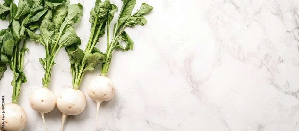 Poster fresh white turnips with green tops arranged on a marble surface with copy space for text placement.